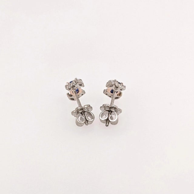 Metal Blue Sapphire Stud Earrings With Diamond Accents: Solid 14k Gold, 4x3mm, Pair For Sale - Image 7 of 7