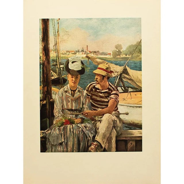An excellent full-color print of oil painting "Boating at Argenteuil" by Edouard Manet. Comes from a First Edition art...