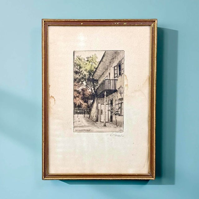 A vintage hand-colored etching depicting the historic Schuberthof in Vienna, Austria, widely recognized as the birthplace...