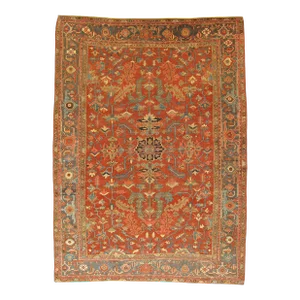 Antique Persian Heriz Carpet Handmade Wool Oriental Rug, Rust, Navy-Medium Blue