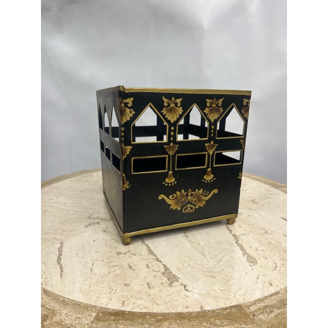 Italian 1980s Vintage Italian Style Tole Black and Gold Wastebasket. For Sale - Image 3 of 6