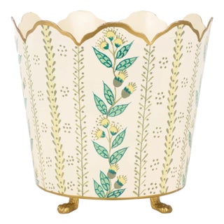 Ivory & Gold Floral Scalloped Bucket Tole Planter, Large For Sale