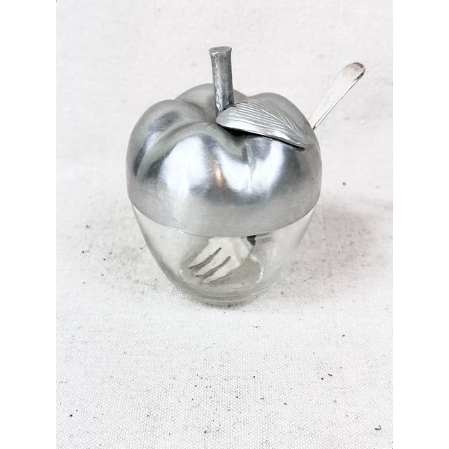Mid-Century Vintage Glass & Silverplate Apple Condiment Jam Jar With Spoon For Sale In New Orleans - Image 6 of 11
