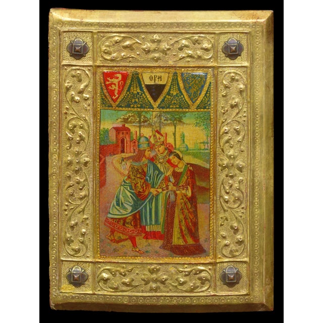 Icilio federico joni. italian ( b.1866 - d.1946 ). painted gesso, gilt and wood tavolette book cover binding in the...