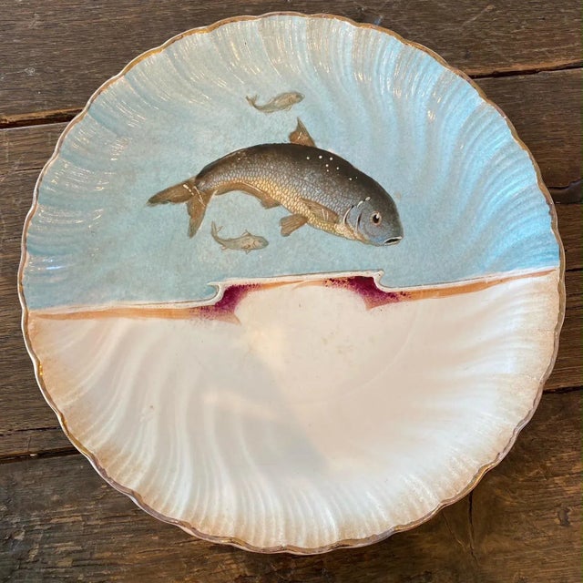 19th Century Hand Painted Franz Mehlem Signed Porcelain Fish Platter & 10 Plates -Set of 11 For Sale - Image 9 of 13