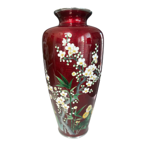 Vintage Japanese Ando Red Guilloche Enamel Cloisonne Vase