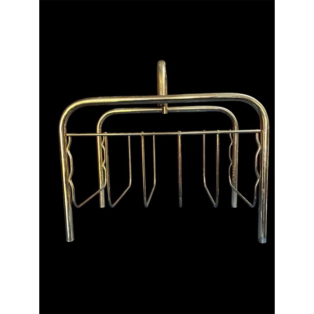 Hollywood Regency Vintage Brass Magazine Rack | Hollywood Regency Tubular Metal Newspaper Holder For Sale - Image 4 of 7