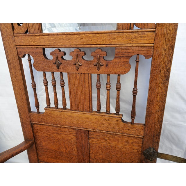 Antique American Oak Hall Seat / Hall Tree With Hooks, Mirror