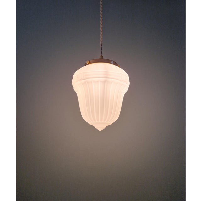 Metal Art Deco Pendant Light in Pressed Molded Milk Glass, 1920s For Sale - Image 7 of 11