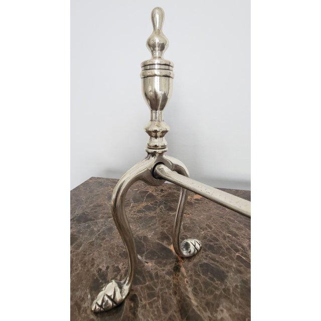 Metal Pair of Brass Fireplace Andiron Set in Silver Antique Finish For Sale - Image 7 of 7