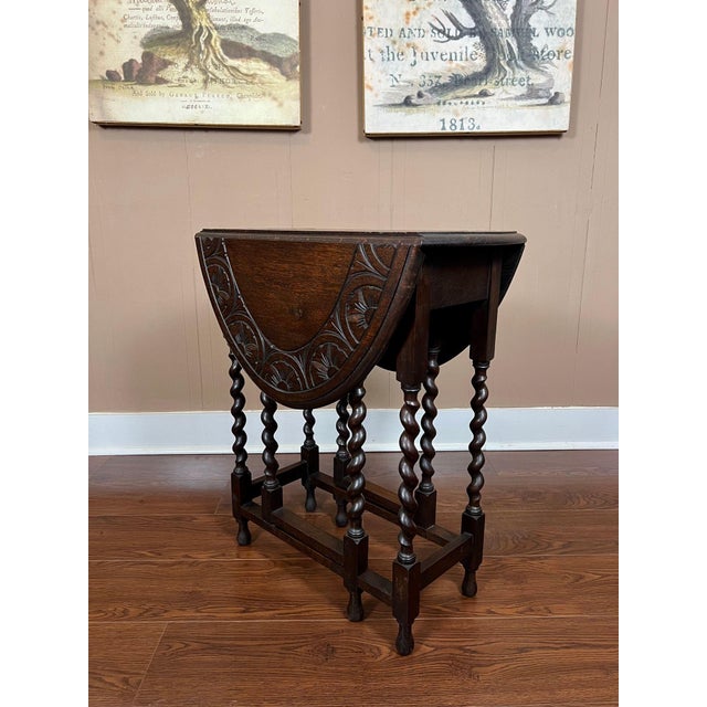 Petite Antique English Side Sofa Table Barley Twist Drop Leaf Gateleg Carved Oak For Sale - Image 9 of 18
