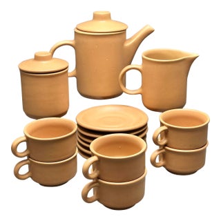 Vintage Nerina Louveira Brazil Terracotta Demitasse Set: Coffee Pot, 6 Cups Saucers, Creamer, Sugar - 17 pcs For Sale