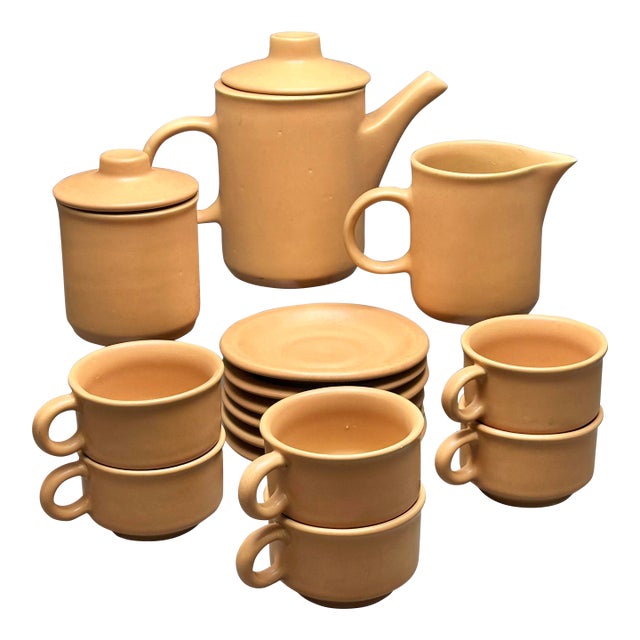 Vintage Nerina Louveira Brazil Terracotta Demitasse Set: Coffee Pot, 6 Cups Saucers, Creamer, Sugar - 17 pcs For Sale