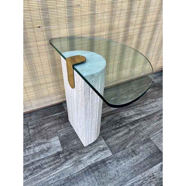 Postmodern Marble and Brass Half-Moon Shaped Side Table in the Artedi Style. Circa 1980s. For Sale - Image 17 of 18