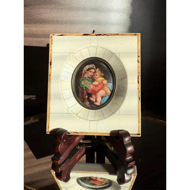 Antique Italian Miniature Porcelain Plaque Hand-Painted Madonna and Child in Bone Frame For Sale - Image 9 of 9