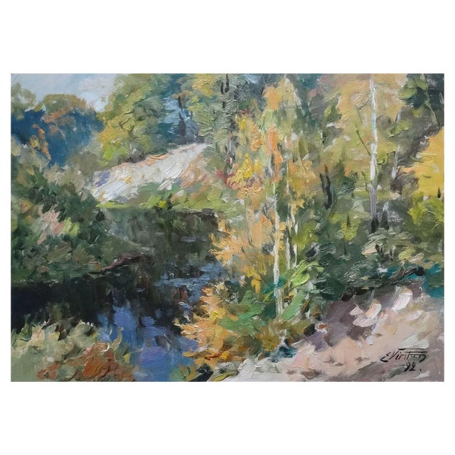 Edgars Vinters, Landscape with the River, 1992, Oil on Cardboard For Sale