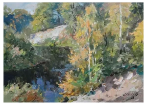 Edgars Vinters, Landscape with the River, 1992, Oil on Cardboard