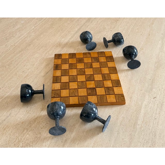 Charcoal Carved Marble Stemware (6 Goblets) Displayed on Handmade Chess/Checkerboard 1969 For Sale - Image 8 of 14