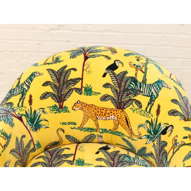 Mid 20th Century Vintage Postmodern Yellow Jungle Print Barrel Lounge Chair For Sale - Image 5 of 12