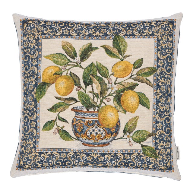 Lemons Vase White Woven Cushion With Feather Filler - 42x42cm (17"x17") For Sale