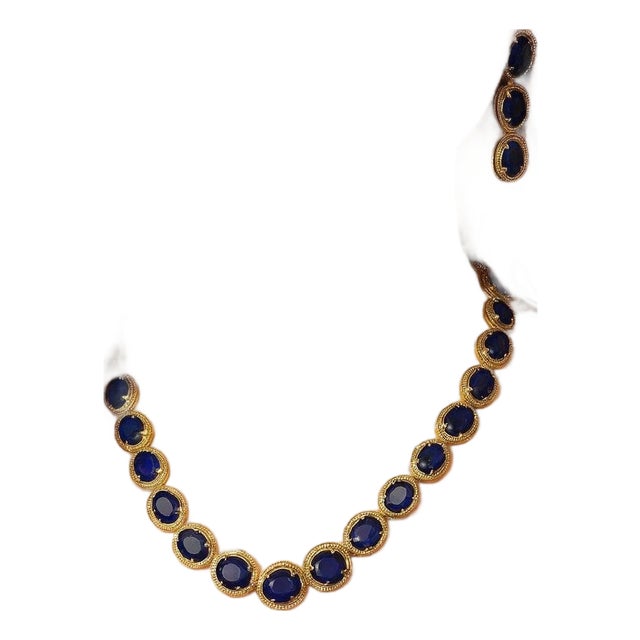 Bochic "Capri" Vintage Blue Sapphire & Diamond Necklace & Earrings Set 18K Gold For Sale