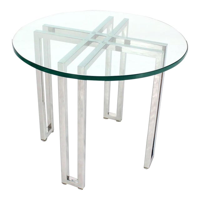 Mid-Century Modern Round Chrome Base and Glass-Top Side Table For Sale