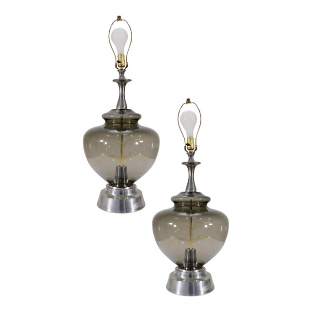 Pair of Vintage Mid Century Modern Round Fiber Optic Smoked Glass & Chrome Lamps For Sale