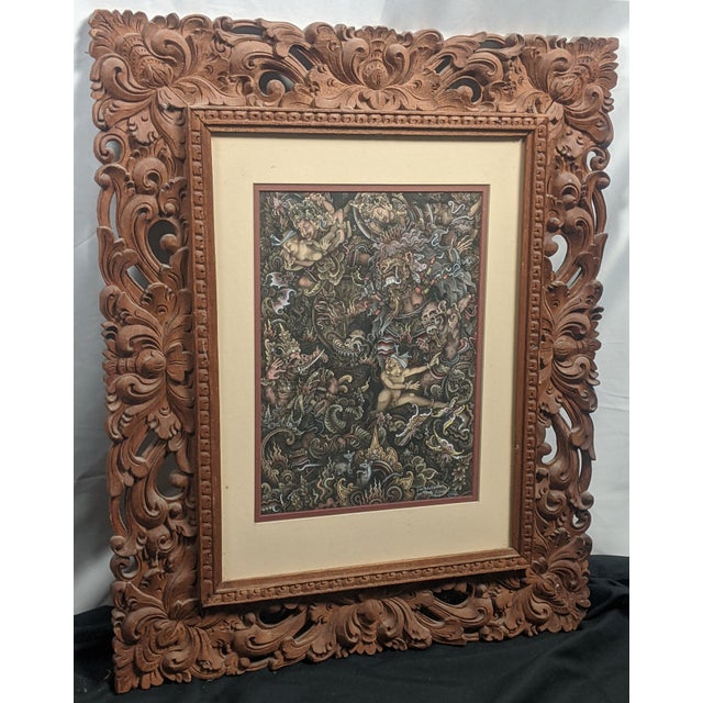 Traditional Late 20th Century Pair of Balinese Batuan-Style Narrative Paintings in Hand-Carved Wood Frames For Sale - Image 3 of 16