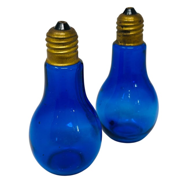 Mid-Century Modern 1970's Petite Cobalt Blue Lightbulb Salt and Pepper Shakers | Mid Century Blue Glass Kitchen Decor | Retro Novelty Gift For Sale - Image 3 of 13