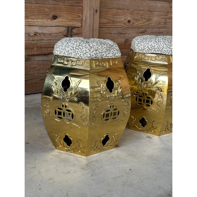 Pair Vintage Pierced Brass Chinese Garden Stools With Removable Cushions For Sale - Image 9 of 11