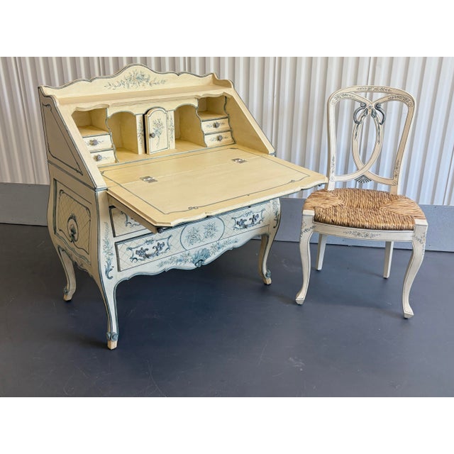 Vintage La Barge Hand Painted Blue and White French Secretary Desk and Chair For Sale - Image 11 of 11
