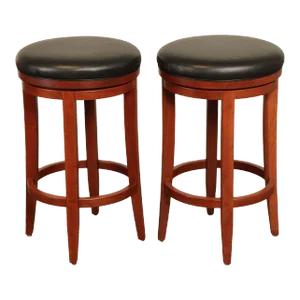 Zimmerman Chair Shop Leather Upholstered Cherry 'Milano' Swivel Bar Stools - A Pair