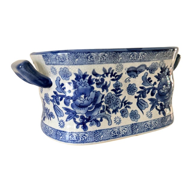 Chinese Blue & White Chinoiserie Rectangular Footbath Jardinière Cachepot For Sale - Image 4 of 8