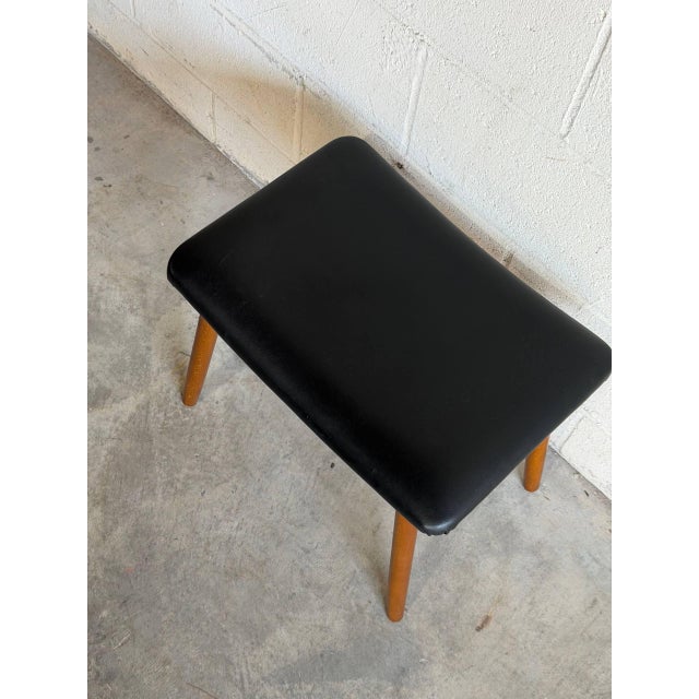 Mid 20th Century Danish Modern Teak Ottoman Footstool Black Vinyl Mid Century Scandinavian Stool For Sale - Image 5 of 7