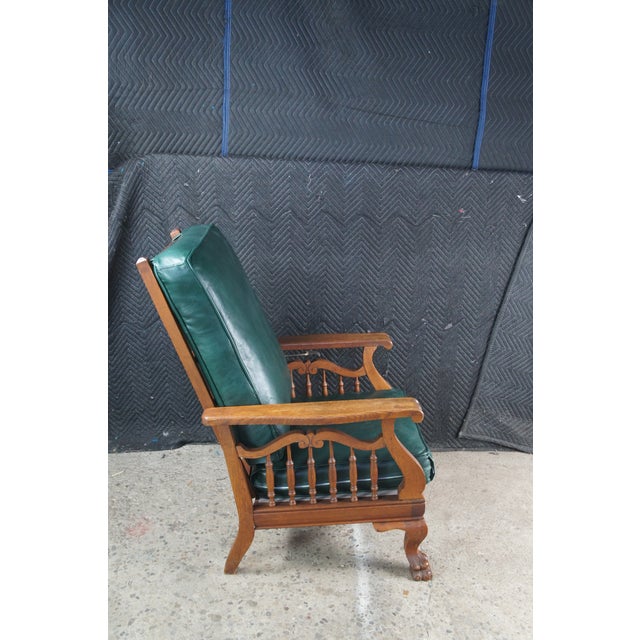 Wood Antique Victorian Quartersawn Oak Vinyl Reclining Morris Arm Chair Lion Paw Feet For Sale - Image 7 of 14