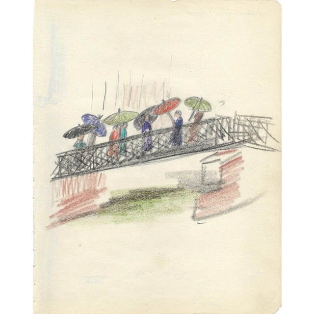 Grace Spongberg (American, 1906-1992) "Umbrellas Crossing the Arno" oil pastel on paper, titled and estate stamp on...
