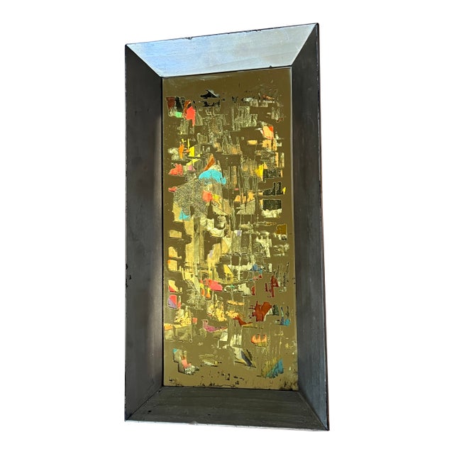 Vintage Brutalist Reverse Glass Mirror Art Signed Mixed Media MCM Jere Style 25" For Sale
