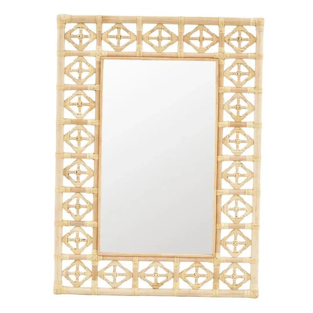 Coastal Rectangular Diamond Pattern Mirror, Beige, Rattan For Sale - Image 3 of 3