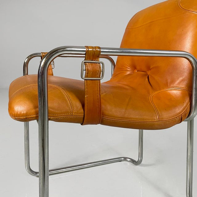 Italian Modern Brown Leather and Metal Chairs from Guido Faleschini, 1970s, Set of 4 For Sale - Image 13 of 18