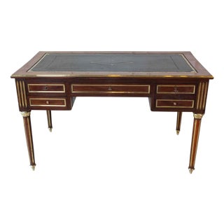 Louis XVI-Style Double-Sided Wood and Brass Bureau Plat with Leather Top For Sale