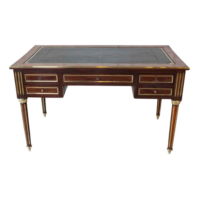 Louis XVI-Style Double-Sided Wood and Brass Bureau Plat with Leather Top For Sale