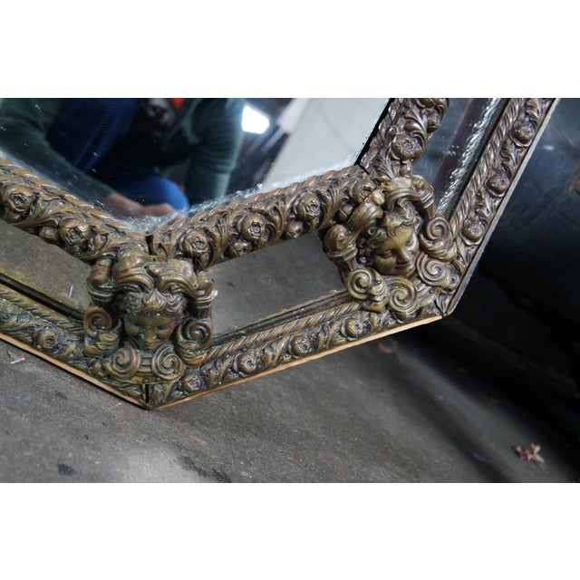 Brass Antique French Louis XIII Style Figural Repousse Brass Octagonal Wall Mirror For Sale - Image 8 of 10
