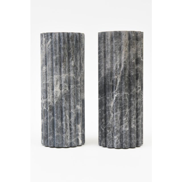 Marble Ribbed Column Vases in Gray and White Veining Pair Of, Italy For Sale In Miami - Image 6 of 6