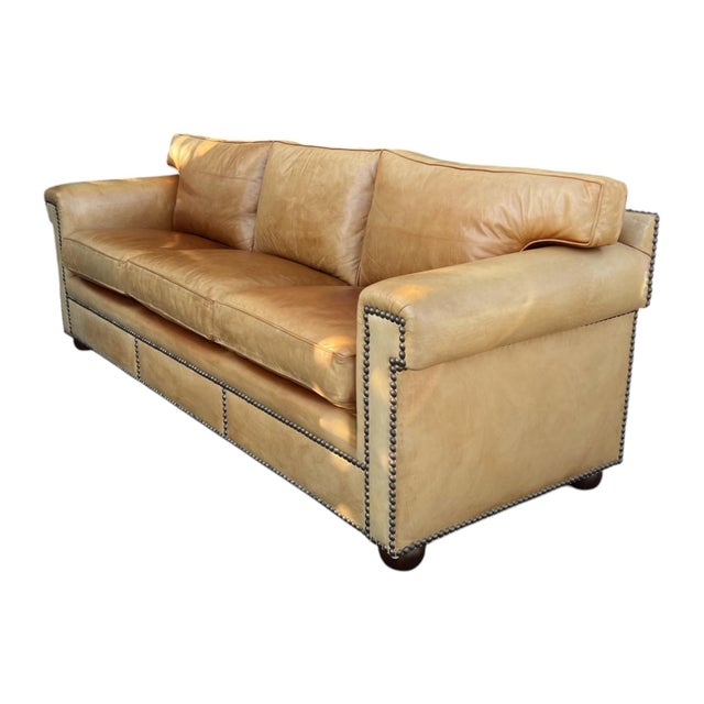 Vintage English Leather Sofa Tan Color Nail Head Trim Feather Down Cushions For Sale - Image 15 of 18