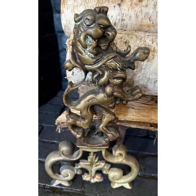 Vintage Pair of Brass Lion Form Andirons For Sale - Image 4 of 12