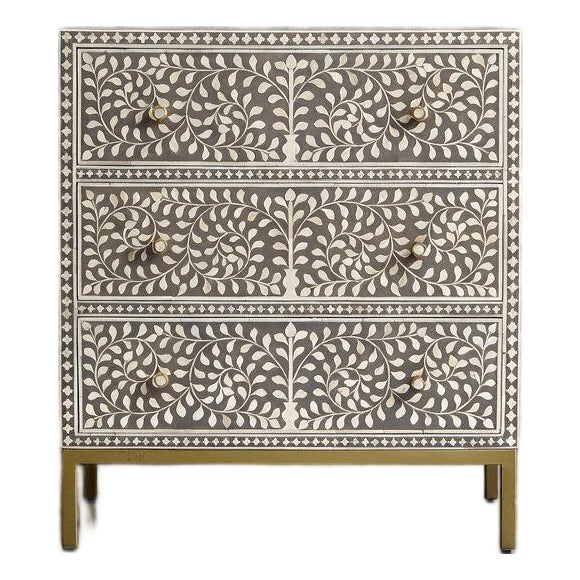 Arabesque Bone Inlay Three-Drawer Chest - Grey by House of Jaipur For Sale