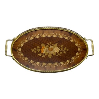 Mid-Century Italian Wood Inlay & Brass Tray For Sale