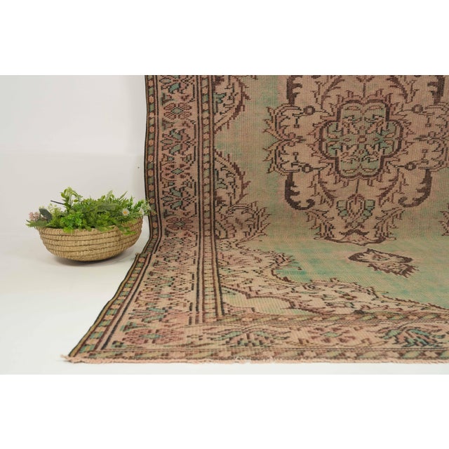1970s 1970s Vintage Turkish Handmade Wool Cotton Green Area Rug For Sale - Image 5 of 13