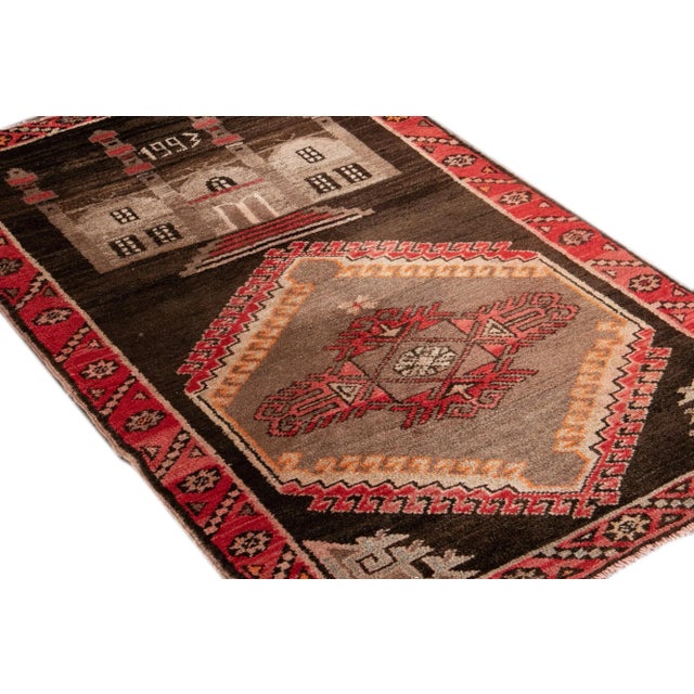 Vintage Pictorial Turkish Brown Wool Rug For Sale In New York - Image 6 of 9