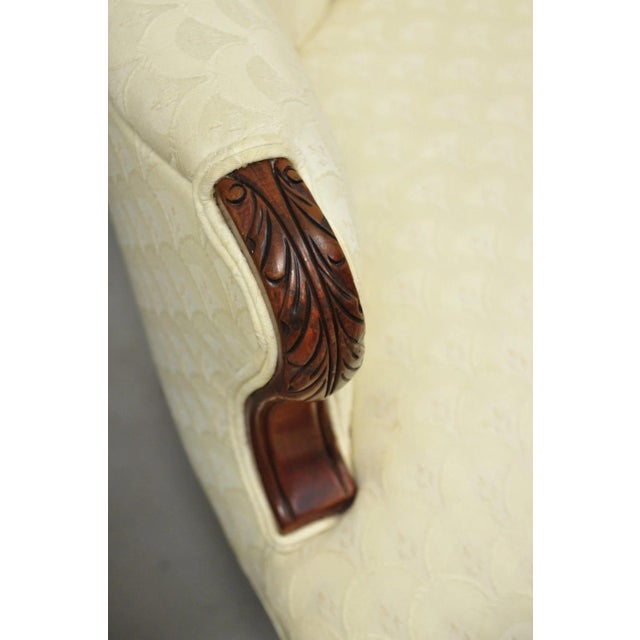 Wood Vintage French Art Deco Style Channel Wingback Mahogany Lounge Arm Chairs - Pair For Sale - Image 7 of 16